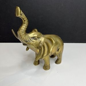 Vintage Brass Elephant Figurine Trunk Up 7”x7” Art Paper Weight Decor - Korea